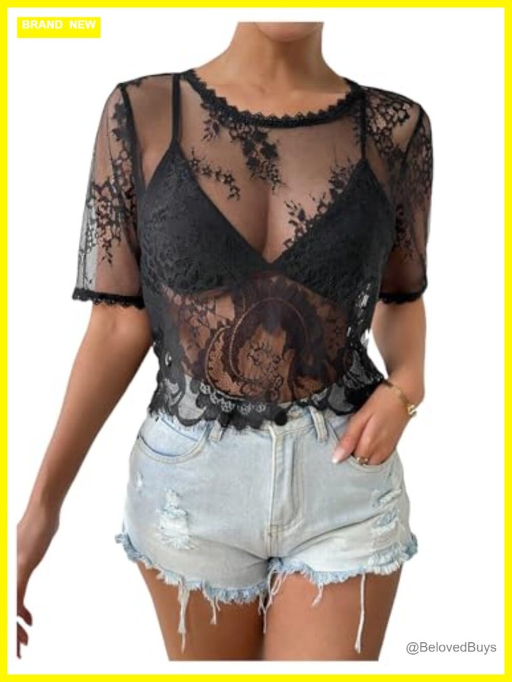 Women's Sheer Lace Overlay Short Sleeve Crop Top